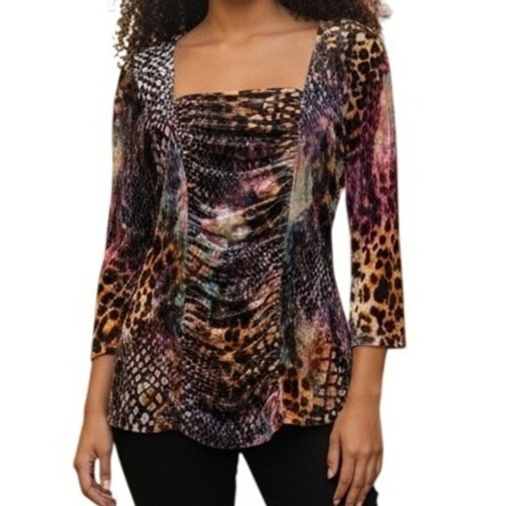 🆕 BOSTON PROPER Mixed Media Velvet Ruched Square Neck 3/4 Sleeve Top EUC Small